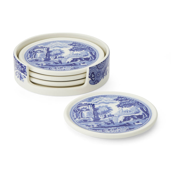 Blue Italian 4 Piece Ceramic Coasters with Holder